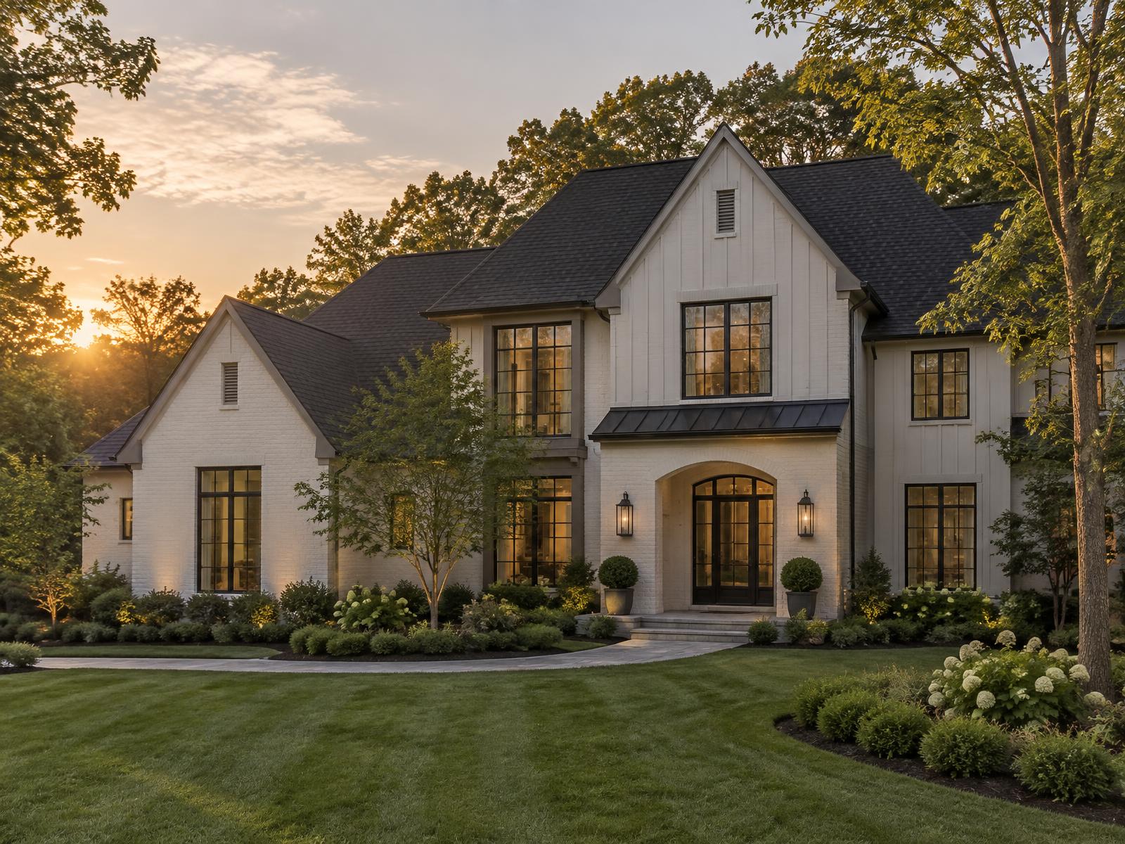 A white-brick home at sunset with a dark architectural shingle roof